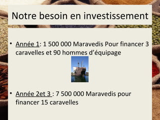 Notre besoin en investissement

• Année 1: 1 500 000 Maravedis Pour financer 3
  caravelles et 90 hommes d’équipage




• Année 2et 3 : 7 500 000 Maravedis pour
  financer 15 caravelles
 