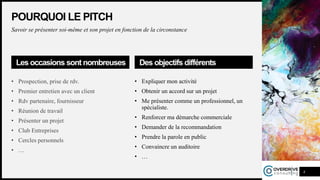 POURQUOI LE PITCH
Savoir se présenter soi-même et son projet en fonction de la circonstance
Les occasions sont nombreuses
• Prospection, prise de rdv.
• Premier entretien avec un client
• Rdv partenaire, fournisseur
• Réunion de travail
• Présenter un projet
• Club Entreprises
• Cercles personnels
• …
Des objectifs différents
• Expliquer mon activité
• Obtenir un accord sur un projet
• Me présenter comme un professionnel, un
spécialiste.
• Renforcer ma démarche commerciale
• Demander de la recommandation
• Prendre la parole en public
• Convaincre un auditoire
• …
4
 