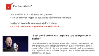 14
Court ou détaillé?
Le plan doit être un outil avant tout pratique.
Il faut différencier 4 types de documents fréquemment confondus :
2.
- la charte: expose la philosophie de l’entreprise
- Le credo : traduit les engagements de l’entreprise.
"Il est préférable d'être un pirate que de rejoindre la
marine"
Cette déclaration a été faite par Steve Jobs, l'ancien CEO d'Apple. "En
tant que pirate, vous êtes plus performant que si vous officiez dans la
marine". Cela revient à dire que, au niveau professionnel, vous éprouvez
plus de plaisir s'il vous arrive de temps en temps d'aller à l'encontre des
règles mises en place.
 