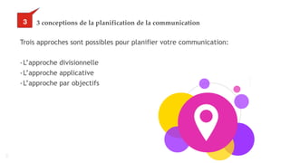 19
3 conceptions de la planification de la communication
Trois approches sont possibles pour planifier votre communication:
-L’approche divisionnelle
-L’approche applicative
-L’approche par objectifs
33
 