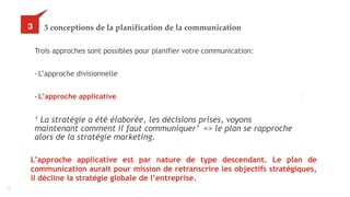 20
3 conceptions de la planification de la communication
Trois approches sont possibles pour planifier votre communication:
- L’approche divisionnelle
- L’approche applicative
‘ La stratégie a été élaborée, les décisions prises, voyons
maintenant comment il faut communiquer’ => le plan se rapproche
alors de la stratégie marketing.
33
L’approche applicative est par nature de type descendant. Le plan de
communication aurait pour mission de retranscrire les objectifs stratégiques,
il décline la stratégie globale de l’entreprise.
 
