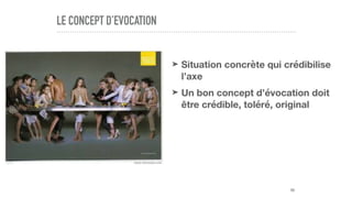 LE CONCEPT D’EVOCATION
➤ Situation concrète qui crédibilise
l’axe
➤ Un bon concept d’évocation doit
être crédible, toléré, original
59
 