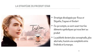 LA STRATÉGIE DU PRODUIT STAR
➤ Stratégie développée par Roux et
Séguéla, Caysac et Goulart
➤ Ce qui compte, ce sont avant tout les
éléments symboliques qui nous lient au
produit
➤ La publicité devient plus conceptuelle, plus
abstraite, il existe une complicité entre
l’individu et la marque.
60
 