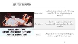 ILLUSTRATION VIRGIN
64
Convention
La distribution se fonde sur les éléments
tangibles de son offre (choix, prix,
services)
Disruption
Donner à Virgin une dimension
émotionnelle plutôt que faire des offres
tangibles
Vision
Virgin n(est pas un magasin de disques,
mais le temple de la culture jeune
 
