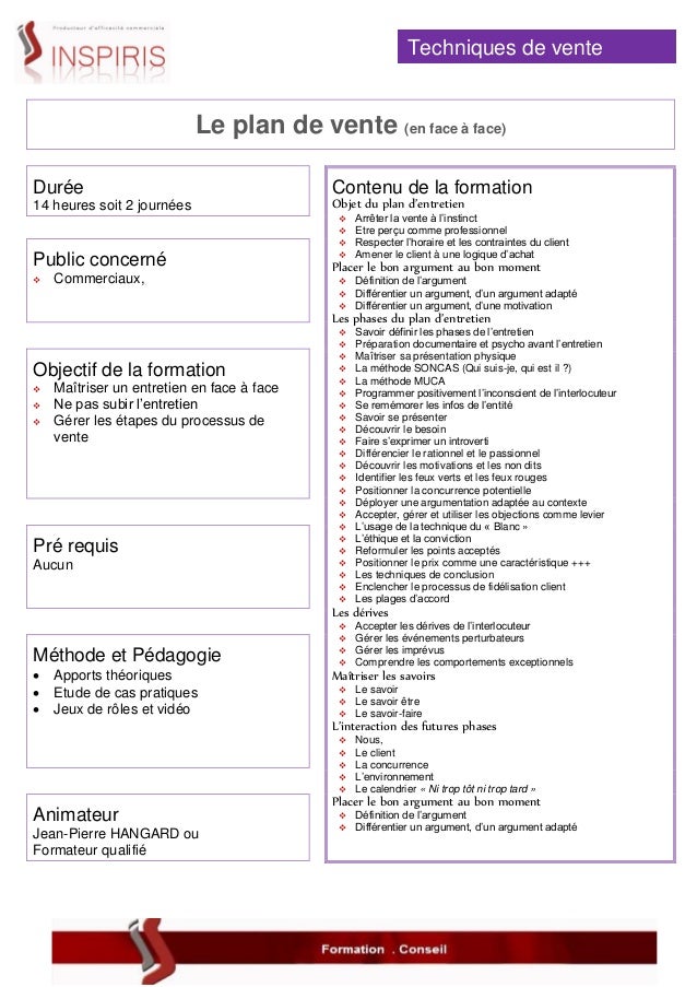 Formation Inspiris  Le plan de vente (en face à face)