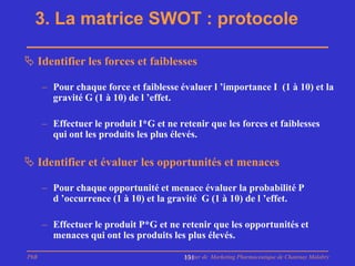 3. La matrice SWOT : protocole

 Identifier les forces et faiblesses

      – Pour chaque force et faiblesse évaluer l ’importance I (1 à 10) et la
        gravité G (1 à 10) de l ’effet.

      – Effectuer le produit I*G et ne retenir que les forces et faiblesses
        qui ont les produits les plus élevés.

 Identifier et évaluer les opportunités et menaces

      – Pour chaque opportunité et menace évaluer la probabilité P
        d ’occurrence (1 à 10) et la gravité G (1 à 10) de l ’effet.

      – Effectuer le produit P*G et ne retenir que les opportunités et
        menaces qui ont les produits les plus élevés.

PhB                                      Master de Marketing Pharmaceutique de Chatenay Malabry
                                         131
 