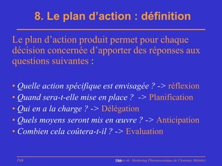 8. Le plan d’action : définition

Le plan d’action produit permet pour chaque
décision concernée d’apporter des réponses aux
questions suivantes :

• Quelle action spécifique est envisagée ? -> réflexion
• Quand sera-t-elle mise en place ? -> Planification
• Qui en a la charge ? -> Délégation
• Quels moyens seront mis en œuvre ? -> Anticipation
• Combien cela coûtera-t-il ? -> Evaluation


 PhB                          Master de Marketing Pharmaceutique de Chatenay Malabry
                              186
 
