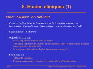 8. Etudes cliniques (1)

Etude Zolmant ZT-2007-001
• Etude de l'efficacité et de la tolérance de la Zolmafloxacine versus
  l'association amoxicilline/ac. clavulanique + ofloxacine dans les PNC

• Coordinateur : Pr Thuram

• Objectifs Marketing :
       – Créer l'expérience Zolmant dans 80 centres
       – Renforcer l'adhésion de Zolmant en monothérapie dans les pneumonies d'origine
         communautaires hospitalisées
       – Se comparer à l'association la plus fréquemment employée

• Scientifiques :
       – Efficacité, tolérance
       – Pharmaco-économiques : nombre de journées d'IV, d'hospitalisation, ...

 PhB                                          Master de Marketing Pharmaceutique de Chatenay Malabry
                                              194
 