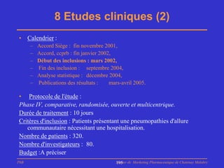8 Etudes cliniques (2)
• Calendrier :
      –   Accord Siège : fin novembre 2001,
      –   Accord, ccprb : fin janvier 2002,
      –   Début des inclusions : mars 2002,
      –   Fin des inclusion : septembre 2004,
      –   Analyse statistique : décembre 2004,
      –   Publications des résultats :    mars-avril 2005.

• Protocole de l'étude :
Phase IV, comparative, randomisée, ouverte et multicentrique.
Durée de traitement : 10 jours
Critères d'inclusion : Patients présentant une pneumopathies d'allure
   communautaire nécessitant une hospitalisation.
Nombre de patients : 320.
Nombre d'investigateurs : 80.
Budget :A préciser
PhB                                         Master de Marketing Pharmaceutique de Chatenay Malabry
                                            195
 