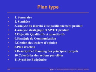 Plan type

•     1. Sommaire
•     2. Synthèse
•     3.Analyse du marché et le positionnement produit
•     4.Analyse stratégique et SWOT produit
•     5.Objectifs Qualitatifs et quantitatifs
•     6.Stratégie de Communication
•     7.Gestion des leaders d’opinion
•     8.Plan d’action
•     9.Descriptif et Planning des principaux projets
•     10.Calendrier des actions par cibles
•     11.Synthèse Budgétaire

PhB                           Master de Marketing Pharmaceutique de Chatenay Malabry
                              210
 