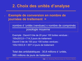 2. Choix des unités d’analyse

     Exemple de conversion en nombre de
      journées de traitement =
          nombre d ’unités (vendues) x nombre de comprimés
                     posologie moyenne

          Exemple : Daonil 5 bte de 20 pour 100 boites vendues :
          100x20/2,8 = 714,3 jours de traitement
          Daonil 5 bte de 100 pour 100 boites vendues :
          100x100/2,8 = 3571,4 jours de traitement

          Total des antidiabétiques : 30,8 millions d ’unités,
          565 millions de jours de traitement
    PhB                               Master de Marketing Pharmaceutique de Chatenay Malabry
                                       24
 