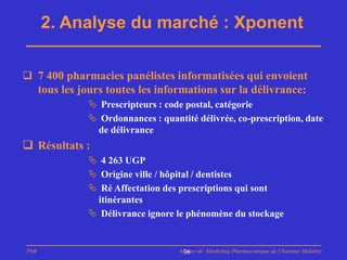 2. Analyse du marché : Xponent

 7 400 pharmacies panélistes informatisées qui envoient
      tous les jours toutes les informations sur la délivrance:
                 Prescripteurs : code postal, catégorie
                 Ordonnances : quantité délivrée, co-prescription, date
                 de délivrance
 Résultats :
                 4 263 UGP
                 Origine ville / hôpital / dentistes
                 Ré Affectation des prescriptions qui sont
                 itinérantes
                 Délivrance ignore le phénomène du stockage


PhB                                  Master de Marketing Pharmaceutique de Chatenay Malabry
                                      36
 