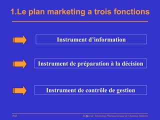 1.Le plan marketing a trois fonctions


             Instrument d’information


       Instrument de préparation à la décision



         Instrument de contrôle de gestion


PhB                    Master de Marketing Pharmaceutique de Chatenay Malabry
                         5
 