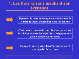 1. Les trois raisons justifiant son
                   existence

           Il permet la prise en compte des contraintes de
            l’environnement du produit et de son marché


           C’est un instrument de coordination qui assure
           la cohérence entre les objectifs stratégiques et le
                      plan d’action opérationnel


            Il apporte une rigueur dans l’organisation et
                      dans la prise de décision.

PhB                             Master de Marketing Pharmaceutique de Chatenay Malabry
                                  6
 