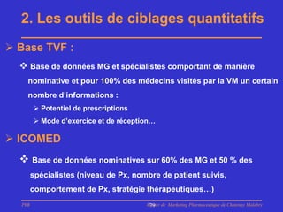 2. Les outils de ciblages quantitatifs
 Base TVF :
   Base de données MG et spécialistes comportant de manière
    nominative et pour 100% des médecins visités par la VM un certain
    nombre d’informations :
         Potentiel de prescriptions
         Mode d’exercice et de réception…

 ICOMED
   Base de données nominatives sur 60% des MG et 50 % des
        spécialistes (niveau de Px, nombre de patient suivis,
        comportement de Px, stratégie thérapeutiques…)
  PhB                                  Master de Marketing Pharmaceutique de Chatenay Malabry
                                        79
 