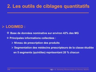 2. Les outils de ciblages quantitatifs



 LOGIMED :
   Base de données nominative sur environ 42% des MG
   Principales informations collectées :
         Niveau de prescription des produits
         Segmentation des médecins prescripteurs de la classe étudiée
         en 5 segments (quintiles) représentant 20 % chacun




  PhB                                Master de Marketing Pharmaceutique de Chatenay Malabry
                                      82
 