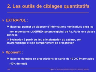 2. Les outils de ciblages quantitatifs

 EXTRAPOL :
   Base qui permet de disposer d’informations nominatives chez les
    non répondants LOGIMED (potentiel global de Px, Px ds une classe
  données
   Evaluation à partir du lieu d’implantation du cabinet, son
  environnement, et son comportement de prescription


 Xponent :
   Base de données en prescriptions de sortie de 10 000 Pharmacies
    (40% du total)

  PhB                               Master de Marketing Pharmaceutique de Chatenay Malabry
                                     83
 