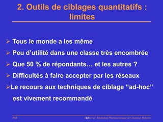 2. Outils de ciblages quantitatifs :
                       limites

 Tous le monde a les même
 Peu d’utilité dans une classe très encombrée
 Que 50 % de répondants… et les autres ?
 Difficultés à faire accepter par les réseaux
Le recours aux techniques de ciblage ‘‘ad-hoc’’
  est vivement recommandé

  PhB                      Master de Marketing Pharmaceutique de Chatenay Malabry
                            87
 