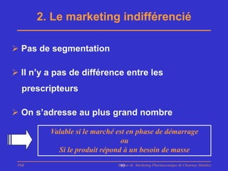 2. Le marketing indifférencié

 Pas de segmentation

 Il n’y a pas de différence entre les
  prescripteurs

 On s’adresse au plus grand nombre

         Valable si le marché est en phase de démarrage
                                ou
           Si le produit répond à un besoin de masse
 PhB                          Master de Marketing Pharmaceutique de Chatenay Malabry
                               95
 