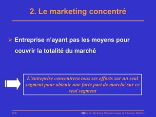 2. Le marketing concentré


 Entreprise n’ayant pas les moyens pour
  couvrir la totalité du marché



        L’entreprise concentrera tous ses efforts sur un seul
       segment pour obtenir une forte part de marché sur ce
                           seul segment



 PhB                             Master de Marketing Pharmaceutique de Chatenay Malabry
                                  97
 