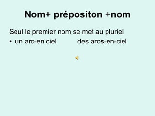 Nom+ prépositon +nom Seul le premier nom se met au pluriel un arc-en ciel  des arc s -en-ciel 