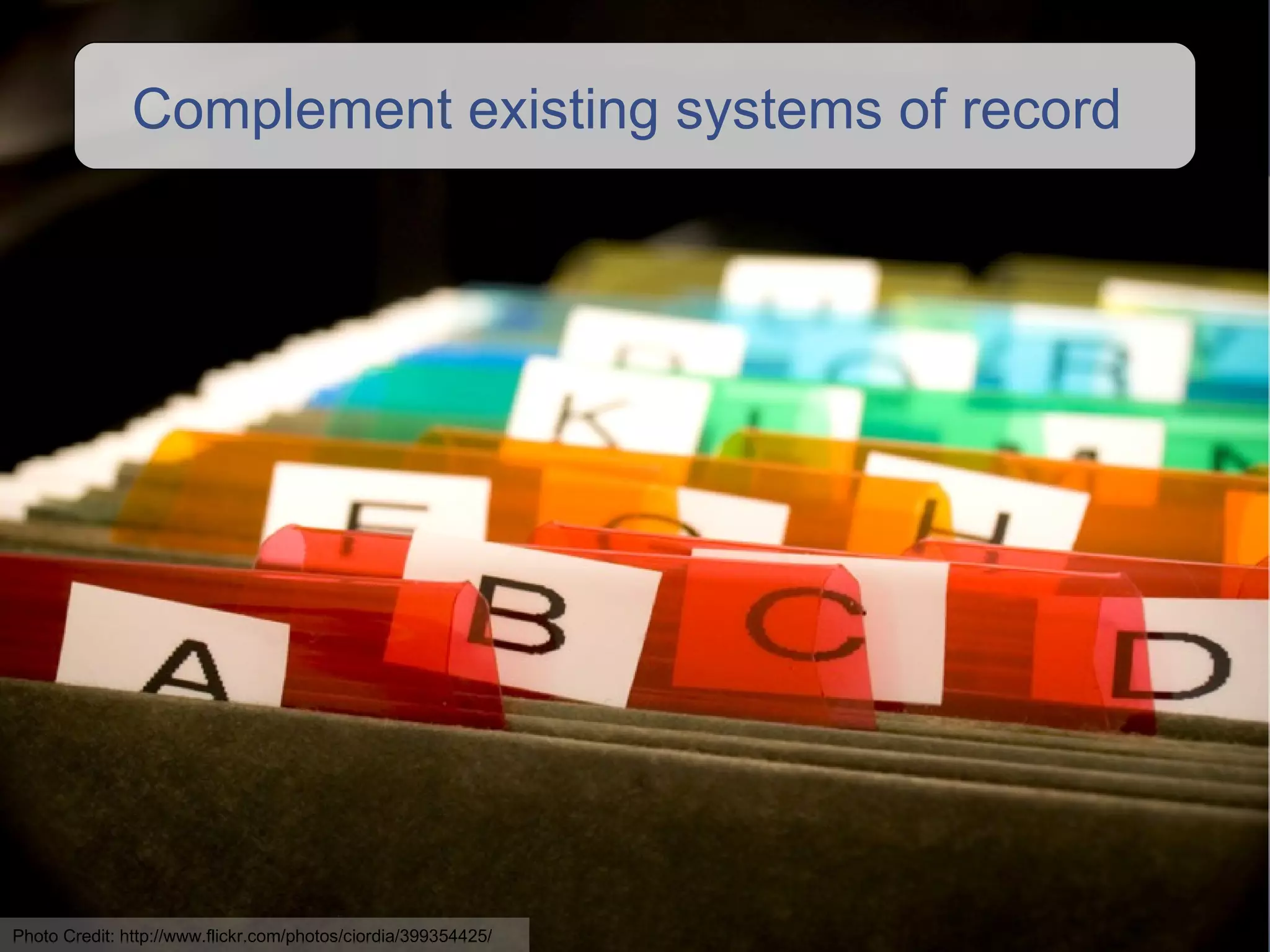 Complement existing systems of record  Photo Credit: http://www.flickr.com/photos/ciordia/399354425/ 