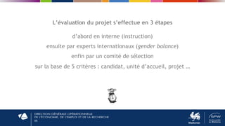 65
L’évaluation du projet s’effectue en 3 étapes
d’abord en interne (instruction)
ensuite par experts internationaux (gender balance)
enfin par un comité de sélection
sur la base de 5 critères : candidat, unité d’accueil, projet …
 