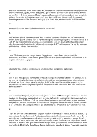 peut être la catalyseur d'une guerre civile. Et je m'explique , il existe un nombre non négligeable au
Maroc,comme en Algérie,comme en Égypte,...que la femme est utilisée par les différentes factions
de la police et de là par un ensemble de bergague(délateur potentiel et omniprésent dans la société)
qui sont des appâts facile et ces femmes exécutent à merveilles les plans rocambolesques des
hommes pour détruire les dissidents politiques et je dirais plus pour détruire les cellules familiale .
T
elles sont donc aux ordres de ces hommes mal intentionnés
E
oui, pourvue qu'elles soient respectées dans la société , qu'en ne lui envoie pas des jeunes et des
moins jeunes pour la violer et salir sa réputation et porte un ombrage négatif à son travail si elle en a
.à la TV égyptienne comme syrienne,...les présentatrices sont aux doigts et l’œil des réalisateurs
,des directeurs d'information, des lobbys qui font tourner la TV publique et privée par des annonces
publicitaires ...elle est donc soumise .
T
pour falsifier ce genre de comportement , l'égyptienne, comme la syriennes,comme la
marocaine,...s'offrent à tout le monde pourvu que cet ordre vient d'un directeur d'information ,d'un
supposé chef , d'un bergague …
T
et donc la vraie situation sociétale de la femme arabe est une prison à ciel ouvert.
E
oui, et je ne peux pas dire autrement et toute personne qui essayent de défendre ces femmes ,car je
ne peux pas non plus faire une extrapolation, subirait à son tours des cauchemars ,des punitions
réglées à son degré...toutes les présentatrices de TV arabe vous diront qu'elles sont encore des
esclaves car de cet esclavagisme dépendrait son travail et donc son salaire pour faire survivre une
famille derrière
T
oui, cela me semble juste ,car j'ai remarqué qu'avec la venue de Morsi les présentatrices de l'ancien
système ont disparu de l'écran et puis avec la venue de Sissi, les présentatrices du système de Morsi
ont disparu aussi de l'écran . Et je me suis rendu même compte que ces femmes ne souriaient que
malgré elles ,on dirait un directeur ou directrice qui oblige ces femmes de faire un sourire forcée et
à la TV syrienne il y a une présentatrice qui a fait même une présentation avec un maillot de bain.
E
c'est très désolant ,car la femme est toujours un objet qu'elle le veille ou non. Et si elle dit non , il y
une centaine derrière la porte de l'embauche qui acceptent volontiers ce genre d'esclavage et il y va
sans dire que quand vous essayer de joindre une de ces présentatrices vous aurez un mur dressé
contre vous et arrivé à elle vous vous apercevez qu'elle est une simple esclave et qu'elle est prête à
avouer et le dire tout haut qu'elle fait l'amour malgré elle et qu'elles vivent de l'enfer contraire à leur
sourire forcé. D'où le rôle du politique du sexe de femme à travailler à rétablir l'ordre et je ne dirais
 