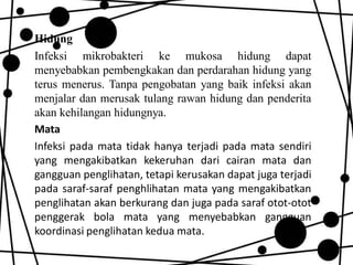 Hidung
Infeksi mikrobakteri ke mukosa hidung dapat
menyebabkan pembengkakan dan perdarahan hidung yang
terus menerus. Tanpa pengobatan yang baik infeksi akan
menjalar dan merusak tulang rawan hidung dan penderita
akan kehilangan hidungnya.
Mata
Infeksi pada mata tidak hanya terjadi pada mata sendiri
yang mengakibatkan kekeruhan dari cairan mata dan
gangguan penglihatan, tetapi kerusakan dapat juga terjadi
pada saraf-saraf penghlihatan mata yang mengakibatkan
penglihatan akan berkurang dan juga pada saraf otot-otot
penggerak bola mata yang menyebabkan gangguan
koordinasi penglihatan kedua mata.

 