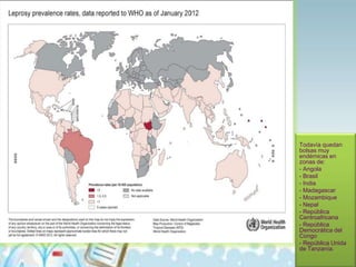 Todavía quedan
bolsas muy
endémicas en
zonas de:
- Angola
- Brasil
- India
- Madagascar
- Mozambique
- Nepal
- República
Centroafricana
- República
Democrática del
Congo
- República Unida
de Tanzanía.

 