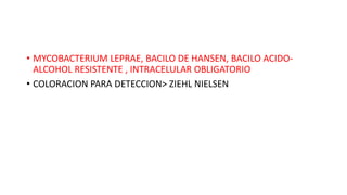 • MYCOBACTERIUM LEPRAE, BACILO DE HANSEN, BACILO ACIDO-
ALCOHOL RESISTENTE , INTRACELULAR OBLIGATORIO
• COLORACION PARA DETECCION> ZIEHL NIELSEN
 