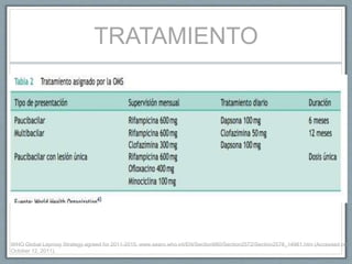 TRATAMIENTO
WHO Global Leprosy Strategy agreed for 2011-2015. www.searo.who.int/EN/Section980/Section2572/Section2578_14961.htm (Accessed on
October 12, 2011).
 
