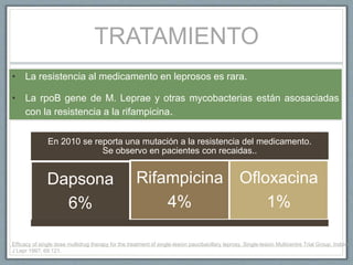 TRATAMIENTO
• La resistencia al medicamento en leprosos es rara.
• La rpoB gene de M. Leprae y otras mycobacterias están asosaciadas
con la resistencia a la rifampicina.
En 2010 se reporta una mutación a la resistencia del medicamento.
Se observo en pacientes con recaidas..
Dapsona
6%
Rifampicina
4%
Ofloxacina
1%
Efficacy of single dose multidrug therapy for the treatment of single-lesion paucibacillary leprosy. Single-lesion Multicentre Trial Group. Indian
J Lepr 1997; 69:121.
 