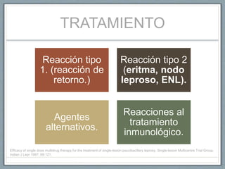 TRATAMIENTO
Reacción tipo
1. (reacción de
retorno.)
Reacción tipo 2
(eritma, nodo
leproso, ENL).
Agentes
alternativos.
Reacciones al
tratamiento
inmunológico.
Efficacy of single dose multidrug therapy for the treatment of single-lesion paucibacillary leprosy. Single-lesion Multicentre Trial Group.
Indian J Lepr 1997; 69:121.
 