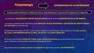 Fisiopatología 
LEPROMATOSA DE LA ENFERMEDAD 
La lepra puede manifestarse en diferentes formas, dependiendo de la respuesta del huésped para el organismo. 
Los individuos CON RESPUESTA INMUNE CELULAR MÍNIMA tienen la forma LEPROMATOSA DE LA ENFERMEDAD 
Las lesiones cutáneas suelen describirse como NÓDULOS Y PLACAS INFILTRADAS Y AFECTACIÓN DEL NERVIO TIENDE A 
SER SIMÉTRICA en la distribución 
El organismo crece mejor a 27-30 ° C; por lo tanto, lesiones en la piel tienden a desarrollarse en las áreas más frías 
del cuerpo, CON PRESERVACIÓN DE LA INGLE, LAS AXILAS, Y EL CUERO CABELLUDO. 
Se conoce como la lepra multibacilar debido al gran número de bacterias que se encuentran en las lesiones (es 
decir,> 6 lesiones, con la posible visualización de bacilos en frotis). 
Los resultados de las pruebas cutáneas con antígenos de organismos muertos SON NO REACTIVO. 
 