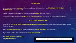 - RESERVORIO-La 
lepra puede ser una zoonosis en el sur de los Estados Unidos debido a los ARMADILLOS SON UN GRAN 
RESERVORIO de esta enfermedad . 
Ha sido inoculado con éxito y se ha multiplicado en la footpad ratón, y armadillos 
Los organismos tienen una alta afinidad por las células de Schwann y las células de sistema reticuloendotelial 
MODO DE TRANSMISIÓN LEPRA 
Infección por GOTITAS A TRAVÉS DE LA MUCOSA NASAL O RESPIRATORIA (bacilos son capaces de sobrevivir 2-7 días 
fuera del cuerpo). 
Piel a la transmisión de la piel en contactos de pacientes MULTIBACILARES muy infectadas 
Algunos casos se han observado por comer armadillos infectados 
Período de incubación: 10 años L.L 
Y de 4 años para la LT 
 