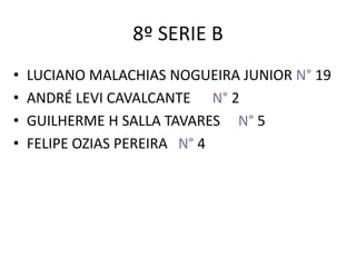 8º SERIE B
• LUCIANO MALACHIAS NOGUEIRA JUNIOR N° 19
• ANDRÉ LEVI CAVALCANTE N° 2
• GUILHERME H SALLA TAVARES N° 5
• FELIPE OZIAS PEREIRA N° 4
 