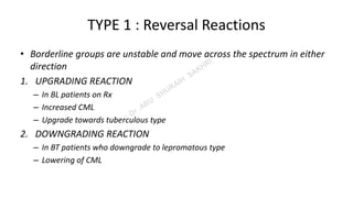 TYPE 1 : Reversal Reactions
• Borderline groups are unstable and move across the spectrum in either
direction
1. UPGRADING REACTION
– In BL patients on Rx
– Increased CML
– Upgrade towards tuberculous type
2. DOWNGRADING REACTION
– In BT patients who downgrade to lepromatous type
– Lowering of CML
 