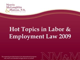 Hot Topics in Labor & Employment Law 2009 The material provided herein is for informational purposes only and is not intended as legal advice or counsel. 