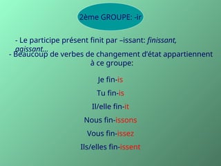 2ème GROUPE: -ir
Je fin-is
Tu fin-is
Il/elle fin-it
Nous fin-issons
Vous fin-issez
Ils/elles fin-issent
- Beaucoup de verbes de changement d’état appartiennent
à ce groupe:
- Le participe présent finit par –issant: finissant,
agissant...
 