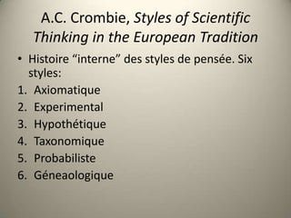 A.C. Crombie, Styles of Scientific
   Thinking in the European Tradition
• Histoire “interne” des styles de pensée. Six
  ...