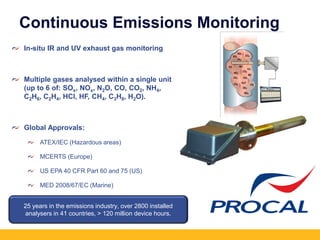 25 years in the emissions industry, over 2800 installed
analysers in 41 countries, > 120 million device hours.
Continuous Emissions Monitoring
In-situ IR and UV exhaust gas monitoring
Multiple gases analysed within a single unit
(up to 6 of: SOx, NOx, N2O, CO, CO2, NH4,
C2H6, C2H4, HCl, HF, CH4, C3H8, H2O).
Global Approvals:
ATEX/IEC (Hazardous areas)
MCERTS (Europe)
US EPA 40 CFR Part 60 and 75 (US)
MED 2008/67/EC (Marine)
 