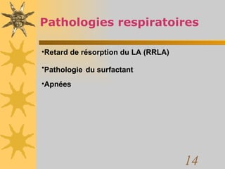 Pathologies respiratoires Retard de résorption du LA (RRLA)  Pathologie   du surfactant Apnées 