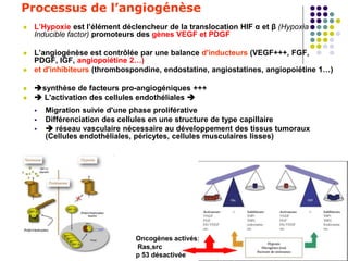 Processus de l’angiogénèse
 L’Hypoxie est l’élément déclencheur de la translocation HIF α et β (Hypoxia
Inducible factor) promoteurs des gènes VEGF et PDGF
 L’angiogénèse est contrôlée par une balance d'inducteurs (VEGF+++, FGF,
PDGF, IGF, angiopoiétine 2…)
 et d'inhibiteurs (thrombospondine, endostatine, angiostatines, angiopoiétine 1…)
 synthèse de facteurs pro-angiogéniques +++
  L'activation des cellules endothéliales 
 Migration suivie d'une phase proliférative
 Différenciation des cellules en une structure de type capillaire
  réseau vasculaire nécessaire au développement des tissus tumoraux
(Cellules endothéliales, péricytes, cellules musculaires lisses)
Oncogènes activés:
Ras,src
p 53 désactivée
 