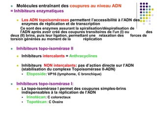  Molécules entraînant des coupures au niveau ADN
= Inhibiteurs enzymatiques
 Les ADN topoisomérases permettent l’accessibilité à l’ADN des
enzymes de réplication et de transcription
Ce sont des enzymes assurant la spiralisation/déspiralisation de
l'ADN après avoir créé des coupures transitoires de l'un (I) ou des
deux (II) brins, puis leur ligation, permettant une relaxation des forces de
torsion générées au moment de la réplication
 Inhibiteurs topo-isomérase II
 Inhibiteurs intercalants = Anthracyclines
 Inhibiteurs NON intercalants: pas d’action directe sur l’ADN
(stabilisation du complexe Topoisomérase II-ADN)
 Etoposide: VP16 (lymphome, C bronchique)
 Inhibiteurs topo-isomérase I:
 La topo-isomérase I permet des coupures simples-brins
indispensables à la réplication de l’ADN
 Irinotécan: C colorectaux
 Topotécan: C Ovaire
 