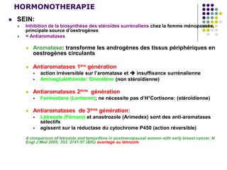 HORMONOTHERAPIE
 SEIN:
 Inhibition de la biosynthèse des stéroïdes surrénaliens chez la femme ménopausée,
principale source d’oestrogènes
 = Antiaromatases
 Aromatase: transforme les androgènes des tissus périphériques en
oestrogènes circulants
 Antiaromatases 1ère génération
 action irréversible sur l’aromatase et  insuffisance surrénalienne
 Aminoglutéthimide: Orimétène (non stéroïdienne)
 Antiaromatases 2ème génération
 Formestane (Lentaron); ne nécessite pas d’H°Cortisone: (stéroïdienne)
 Antiaromatases de 3ème génération:
 Létrozole (Fémara) et anastrozole (Arimedex) sont des anti-aromatases
sélectifs
 agissent sur la réductase du cytochrome P450 (action réversible)
A comparison of letrozole and tamoxifène in postmenopausal women with early breast cancer. N
Engl J Med 2005; 353: 2747-57 (BIG) avantage au letrozole
 