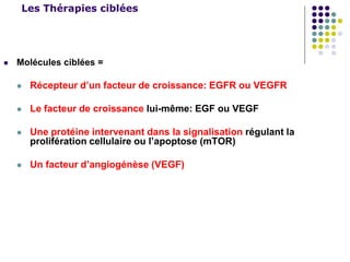 Les Thérapies ciblées
 Molécules ciblées =
 Récepteur d’un facteur de croissance: EGFR ou VEGFR
 Le facteur de croissance lui-même: EGF ou VEGF
 Une protéine intervenant dans la signalisation régulant la
prolifération cellulaire ou l’apoptose (mTOR)
 Un facteur d’angiogénèse (VEGF)
 