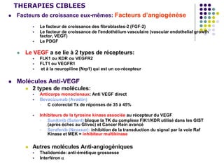 THERAPIES CIBLEES
 Facteurs de croissance eux-mêmes: Facteurs d’angiogénèse
 Le facteur de croissance des fibroblastes-2 (FGF-2)
 Le facteur de croissance de l'endothélium vasculaire (vascular endothelial growth
factor, VEGF)
 Le PDGF
 Le VEGF a se lie à 2 types de récepteurs:
 FLK1 ou KDR ou VEGFR2
 FLT1 ou VEGFR1
 et à la neuropiline (Nrp1) qui est un co-récepteur
 Molécules Anti-VEGF
 2 types de molécules:
 Anticorps monoclonaux: Anti VEGF direct
 Bevacizumab (Avastin)
 C colorectal Tx de réponses de 35 à 45%
 Inhibiteurs de la tyrosine kinase associée au récepteur du VEGF
 Sunitinib (Sutent) bloque la TK du complexe FlK1/KDR utilisé dans les GIST
(après échec au Glivec) et Cancer Rein avancé
 Sorafenib (Nevaxar): inhibition de la transduction du signal par la voie Raf
Kinase et MEK = inhibiteur multikinase
 Autres molécules Anti-angiogéniques
 Thalidomide: anti-émétique grossesse
 Interféron 
 