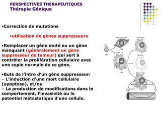 PERSPECTIVES THERAPEUTIQUES
Thérapie Génique
•Correction de mutations
•utilisation de gènes suppresseurs
•Remplacer un gène muté ou un gène
manquant (généralement un gène
suppresseur de tumeur) qui sert à
contrôler la prolifération cellulaire avec
une copie normale de ce gène.
•Buts de l’intro d’un gène suppresseur:
– L’induction d’une mort cellulaire
(apoptose), et/ou
– La production de modifications dans le
comportement, l’invasivité ou le
potentiel métastatique d’une cellule.
 