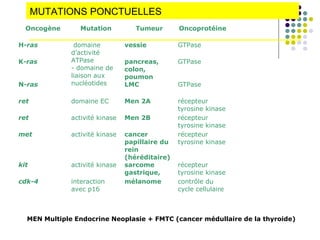 MUTATIONS PONCTUELLES
Oncogène Mutation Tumeur Oncoprotéine
H-ras vessie GTPase
K-ras pancreas,
colon,
poumon
GTPase
N-ras
domaine
d’activité
ATPase
- domaine de
liaison aux
nucléotides LMC GTPase
ret domaine EC Men 2A récepteur
tyrosine kinase
ret activité kinase Men 2B récepteur
tyrosine kinase
met activité kinase cancer
papillaire du
rein
(héréditaire)
récepteur
tyrosine kinase
kit activité kinase sarcome
gastrique,
récepteur
tyrosine kinase
cdk-4 interaction
avec p16
mélanome contrôle du
cycle cellulaire
MEN Multiple Endocrine Neoplasie + FMTC (cancer médullaire de la thyroide)
 